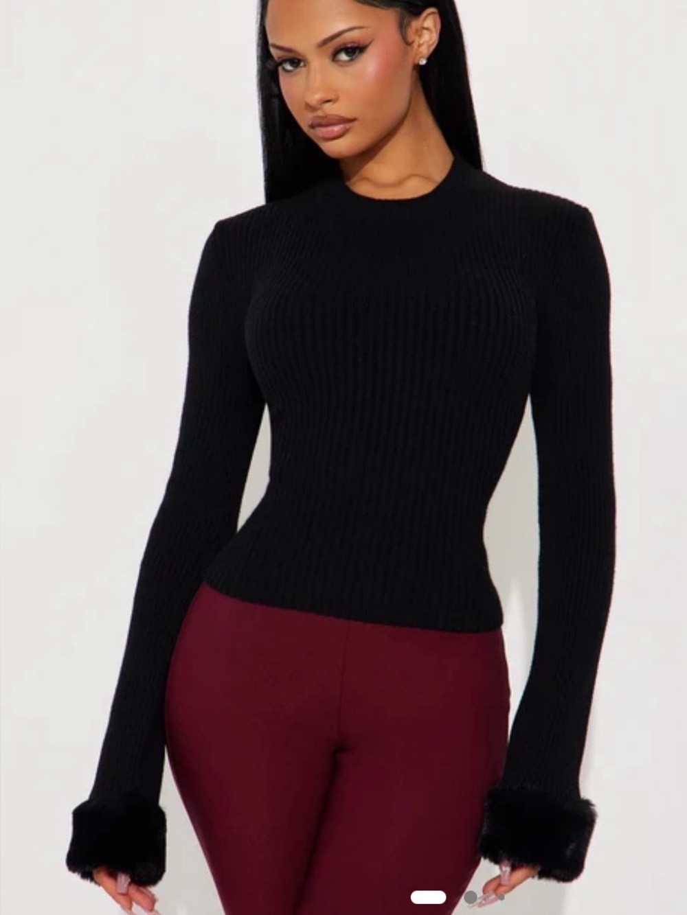 Fashion Nova Black Ribbed Sweater with Faux Fur Cuffs, Winter Chic
